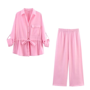 Pink two-piece loungewear set with lapel long sleeve shirt and wide-leg trousers