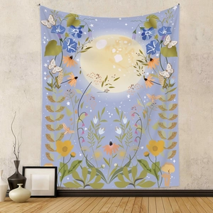 Detail of moon phase tapestry with flowers and butterflies in a stylish home interior