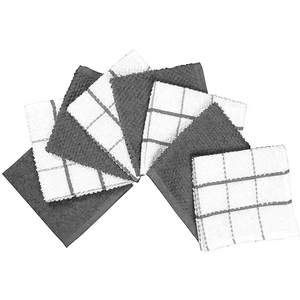 Close-up of checkered waffle weave texture and solid grey cotton kitchen dish towels