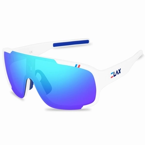 White cycling sunglasses with blue purple mirrored lenses and anti-slip temples