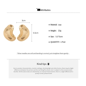 Detail view of irregular gold metallic dangle earrings with exact size and iron material specs