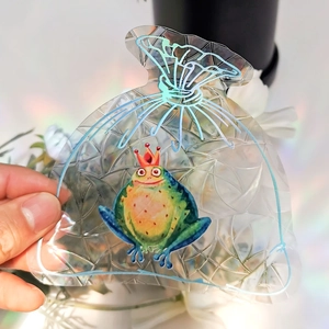 Close-up of clear PVC suncatcher pouch with frog pattern and rainbow prism light effect