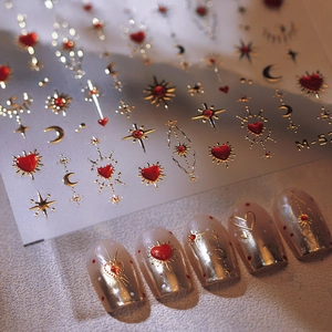 Luxury 3D Embossed Nail Art Stickers Star Moon Red Heart Gold Stamping Self Adhesive Retro Dreamy Decals For Women Girls