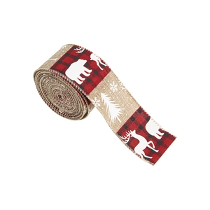 Christmas ribbon with red plaid and reindeer patterns on rolls for gift wrapping decor