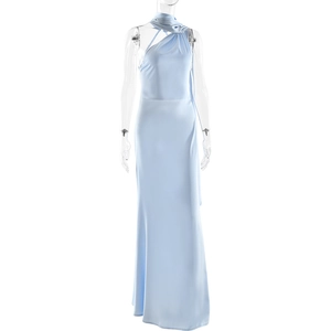 Detail of the light blue satin halter neck dress showing elegant pleated neck texture