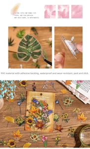 Close-up of waterproof vintage botanical stickers showing monstera and sunflower designs