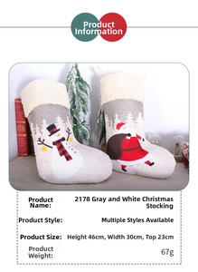 Detailed size specifications for Santa and snowman stockings with faux fur trim
