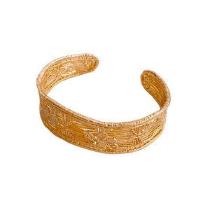 18k gold plated open cuff bracelet with vintage grid relief texture on white background