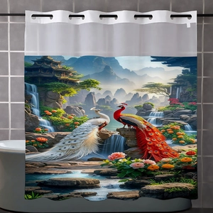 Detail of waterproof animal print shower curtain with peacock landscape in bathroom