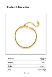 Macro view of gold stainless steel twist chain bracelet with K18 tag and adjustable link