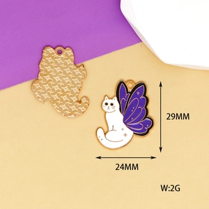 Detailed size specifications for a cat charm with purple wings, measuring 29mm by 24mm