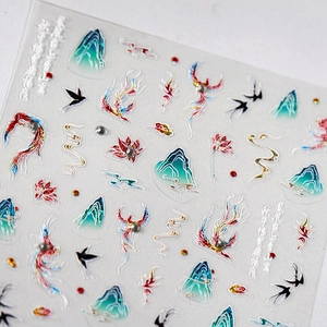 Traditional Phoenix and cloud design embossed nail art stickers with metallic finish