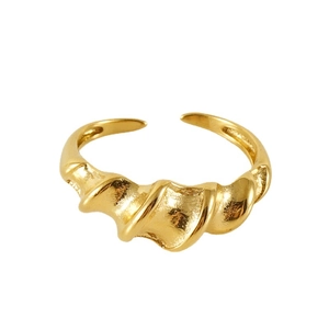 Minimalist 18K gold irregular wave texture open ring with adjustable stainless steel band