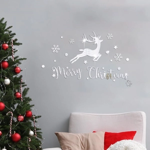 Silver mirror acrylic Merry Christmas wall stickers with reindeer and snowflake motifs
