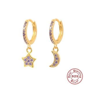 Asymmetric S925 sterling silver hoop earrings with gold plating and purple star moon charms