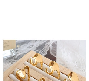 Detail of vintage gold plated zodiac rings displayed on a premium wooden jewelry holder