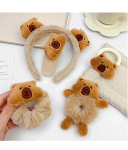 Detailed plush Kapibara hair accessory set with brown teddy headbands and scrunchies