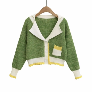 Slim fit green contrast knit cardigan with button-down collar and long sleeves