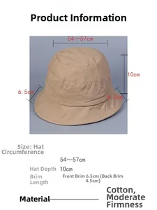 Detailed chart showing khaki cotton bucket hat dimensions and specifications