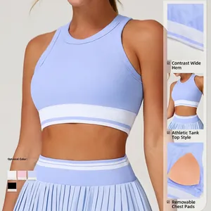 Seamless blue yoga tank top with contrast waistband and sports bra padding design