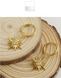 Detail of 18K gold starburst hoop earrings featuring a central crystal on wood blocks