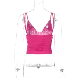Rear view of pink V-neck cropped tank top with ruched details on transparent mannequin