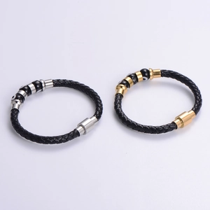 Men's evil eye braided leather bracelet set with magnetic clasps in silver and gold