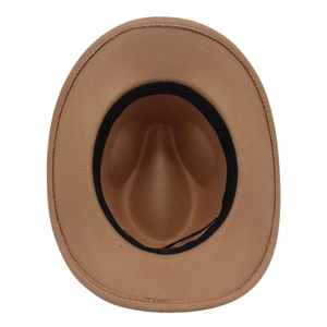 Detailed view of the khaki felt fedora interior with black sweatband and clean stitching