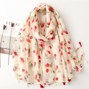 Women Cherry Print Scarf Shawl Lightweight Bali Yarn Thin Breathable Sun Protection Tassel Fringe Sweet Fresh Style