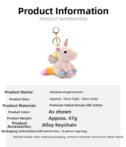 Detail view of 10cm pink unicorn plush keychain with rainbow wings and gold alloy ring