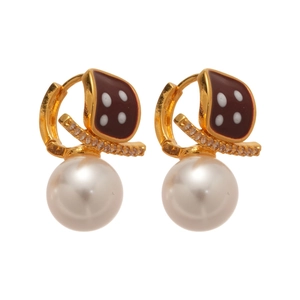 18K gold plated pearl drop earrings with red enamel and shimmering crystal accents
