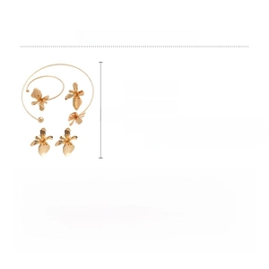 Detail view of golden floral jewelry set with specific size and material specifications