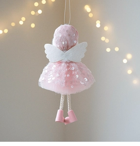 Pink angel doll hanging ornament with sequined mesh dress and wings for Christmas