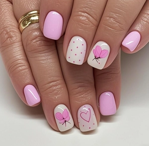 Close-up of pink and white press-on nails with butterfly and heart hand-painted designs