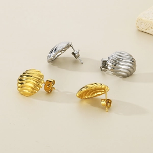 Vertical textured hollow round stainless steel earrings in gold and silver finish