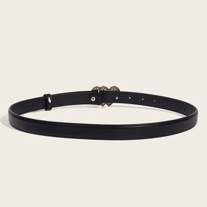 Coiled black leather belt with a polished silver heart-shaped hollow buckle on white background