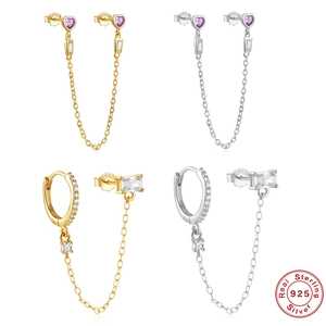 925 Sterling Silver Earrings With Purple Heart Zirconia And Link Chain Asymmetrical Design