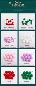 Detailed catalog of colorful Christmas plush balls in 1.5cm and 3cm sizes