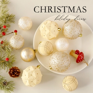 Cream and champagne gold Christmas ornaments set with vintage glitter and embossed textures