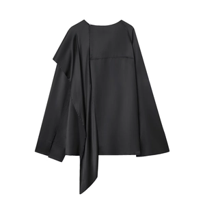 Elegant black long-sleeved satin blouse with asymmetrical draped layering design
