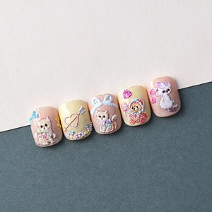 3D embossed cute cat nail art stickers featuring pink heart and flower relief patterns