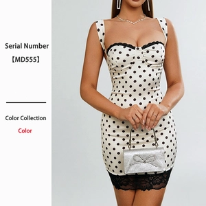 Robe Courte À Pois Avec Bordure En Dentelle De Cils Noire Bretelles Spaghetti Sexy Dos Nu Bodycon Slim Fit Maille