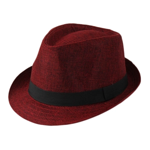 Close-up of a burgundy fedora hat with a black grosgrain band on a white background