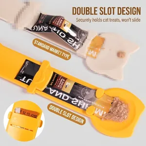 Yellow cat treat squeezer spoon with double slot design for easy pet feeding