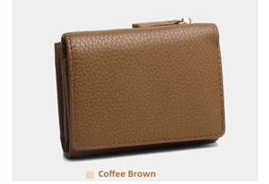 Detail view of coffee brown genuine leather wallet with lychee grain and gold zipper