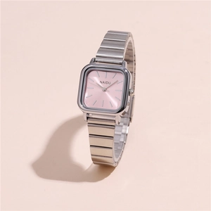 Minimalist square women's watch with pink dial and silver stainless steel strap