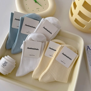 Women Ribbed Crew Socks Combed Cotton Breathable Solid Color Japanese Style Soft Slouchy Mid Calf