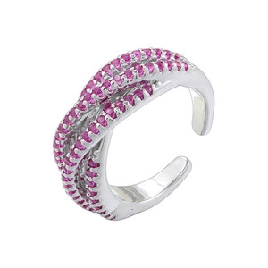 Detail of interlocking silver rings paved with pink cubic zirconia stones