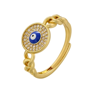 18K gold-plated evil eye ring with blue enamel and pavé zircon chain design