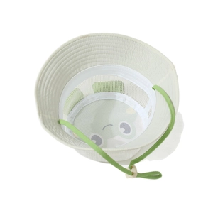 Breathable mesh kid sun hat with green frog cartoon and adjustable windproof cord
